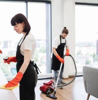 two cleaners doing cleaning in living room